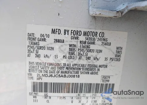 2010 Lincoln Mkx from USA, damaged, VIN 2LMDJ6JC5ABJ30818